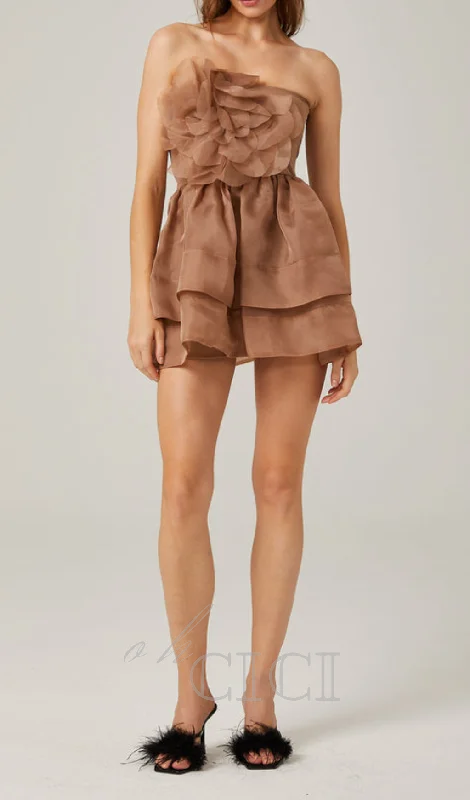 ALISA FLOWER TULLE STRAPLESS MINI DRESS IN BROWN