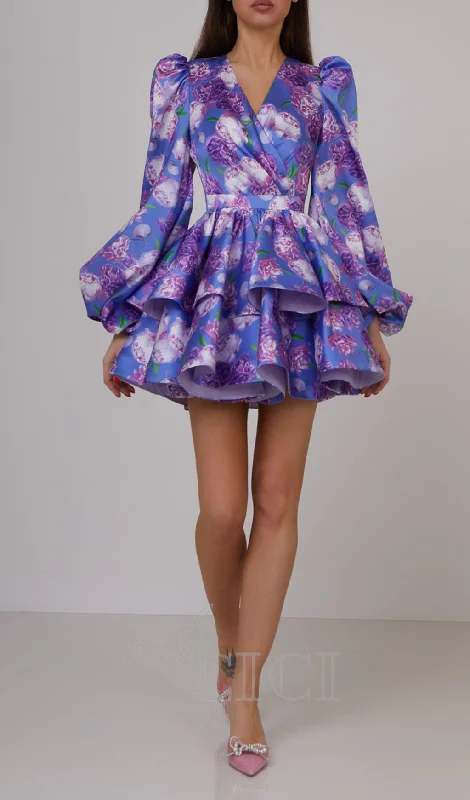 ARABELA BLUE FLORAL SATIN RUFFLE MINI DRESS