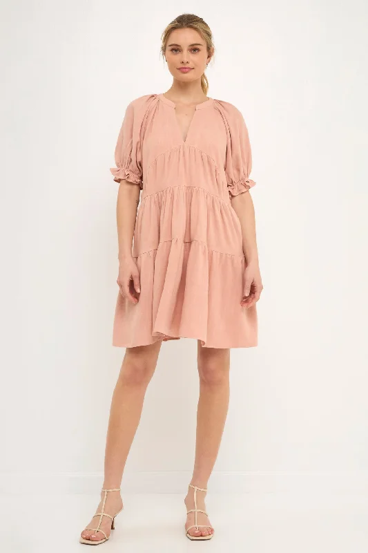 Solid Tiered Dress With Ruffled Sleeves