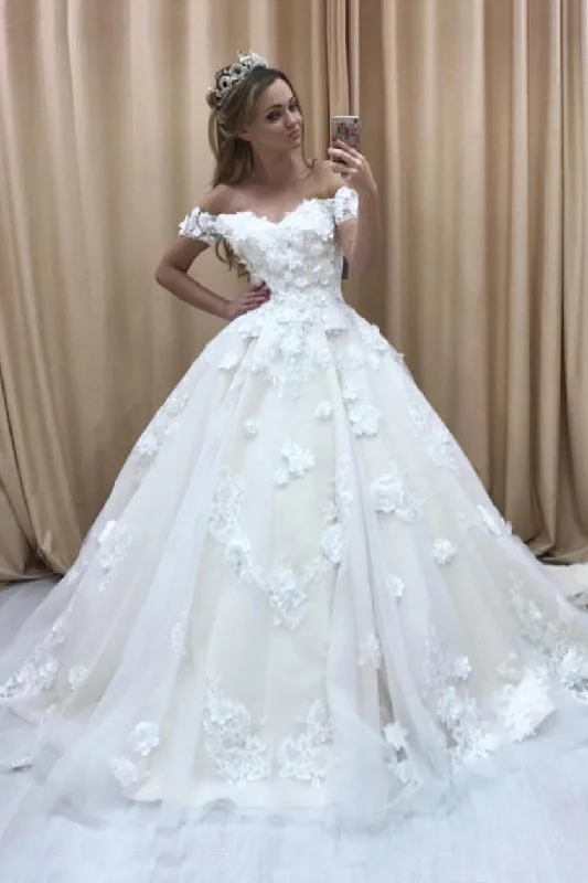 2024 A Line Off The Shoulder Wedding Dresses Tulle With Applique And Handmade Flower