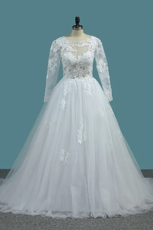 2024 A Line Open Back Long Sleeves Scoop Wedding Dresses Tulle With Applique