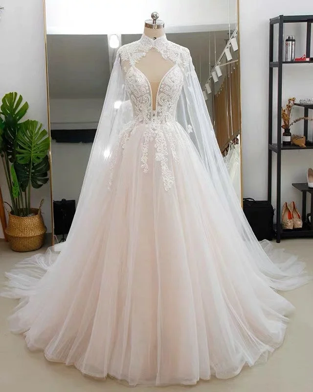 A-Line Appliques Wedding Dress With Cape