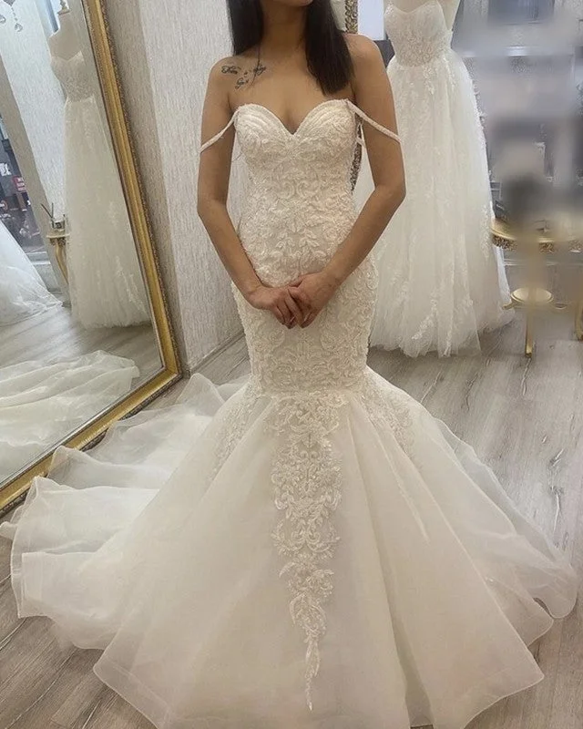 Sweetheart Mermaid Wedding Dresses Lace Embroidery Off Shoulder