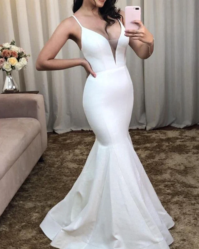 Simple Satin Mermaid Wedding Dress Lace Up Back