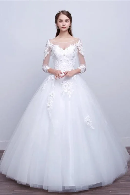 Charming Backless Lace Up Long Lace Ball Gown Wedding Dress With Sleeves