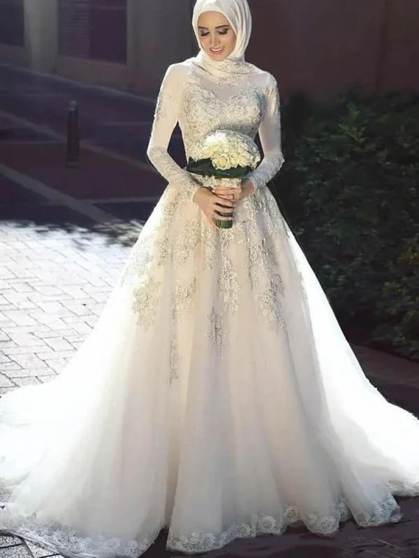 Modest Long Sleeves Lace Tulle Wedding Dresses