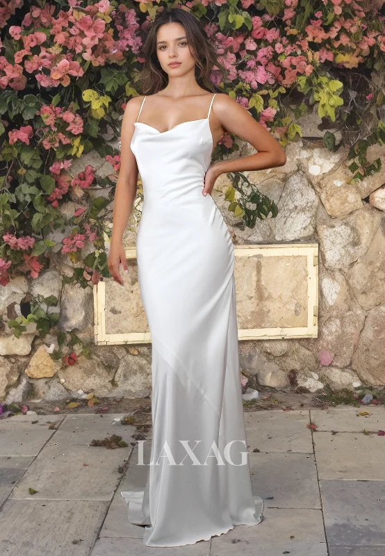 Spaghetti Straps Backless Sleek Satin Elegant Wedding Dress with Train