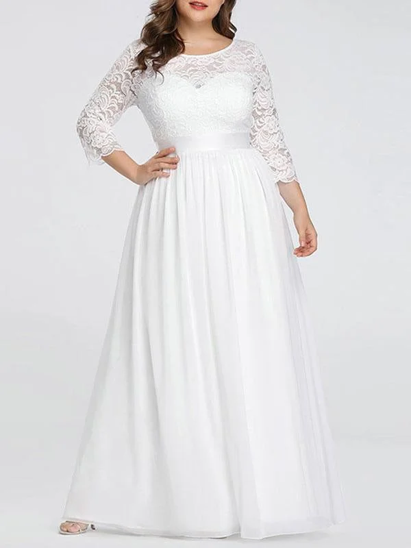 Plus Size A-Line Wedding Dresses Floor-Length 3/4 Length Sleeves Lace Jewel Neck Bridal Gowns