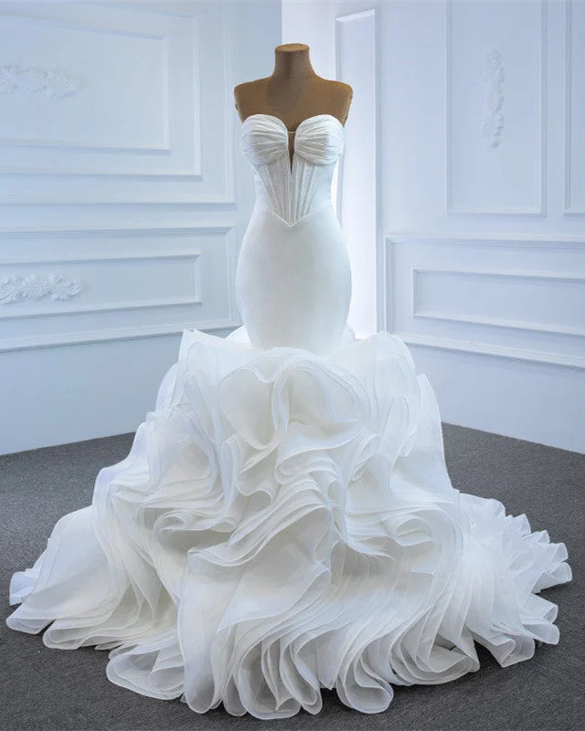 Sexy Mermaid Wedding Dress Plunge Neck Ruffles Train