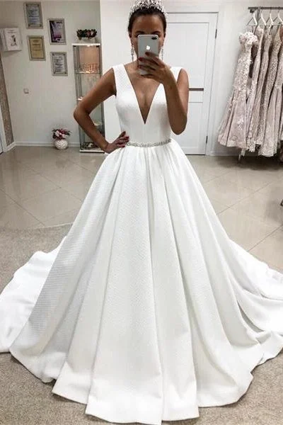 Simple White V-neck Long Ball Gown Wedding Dress Bridal Dress