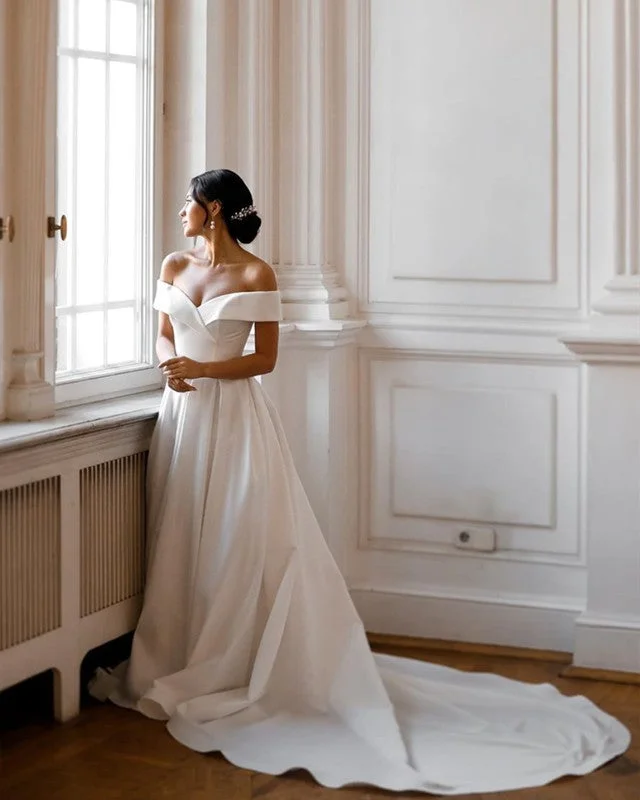 Sweep Train Wedding Dress Satin Off The Shoulder