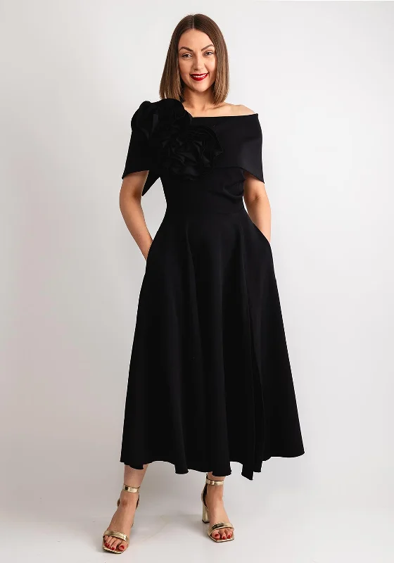 Kevan Jon Kyoto Bardot Corsage Flare Midi Dress, Black