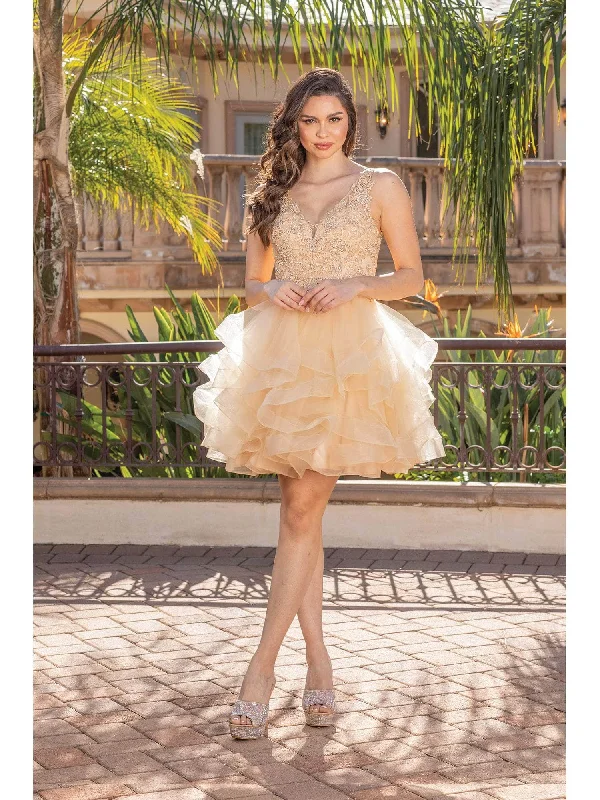 Dancing Queen 3273 - Lace V-Neck Ruffled Cocktail Dress