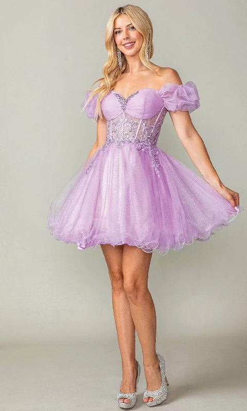 Dancing Queen 3379 - Puff Sleeve Tulle Cocktail Dress