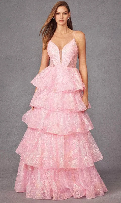 Juliet Dresses JT2438K - Plunging Tiered A-Line Prom Gown