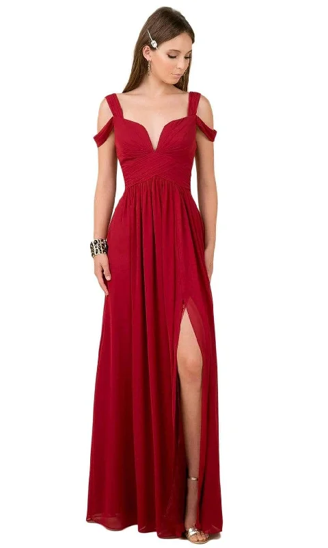 Nox Anabel - Y277 Cold Shoulder V Neckline A-Line High Slit Gown