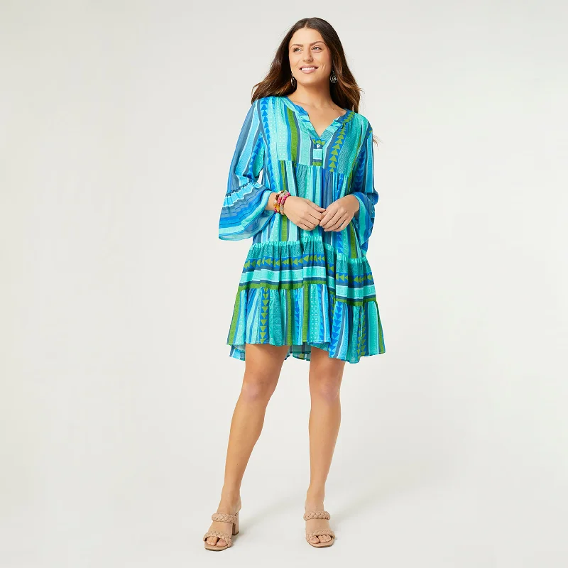 Milena Ruffle Sleeve Tunic Dress - Blue Aztec - Final Sale