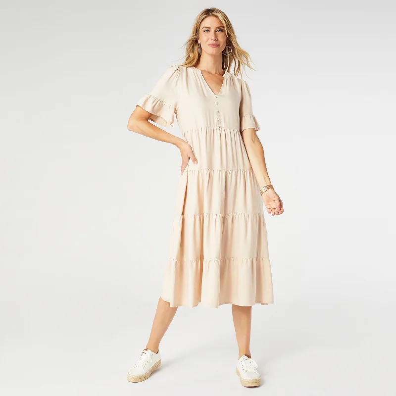 Margaux Tiered Ruffle Sleeve Dress - Natural