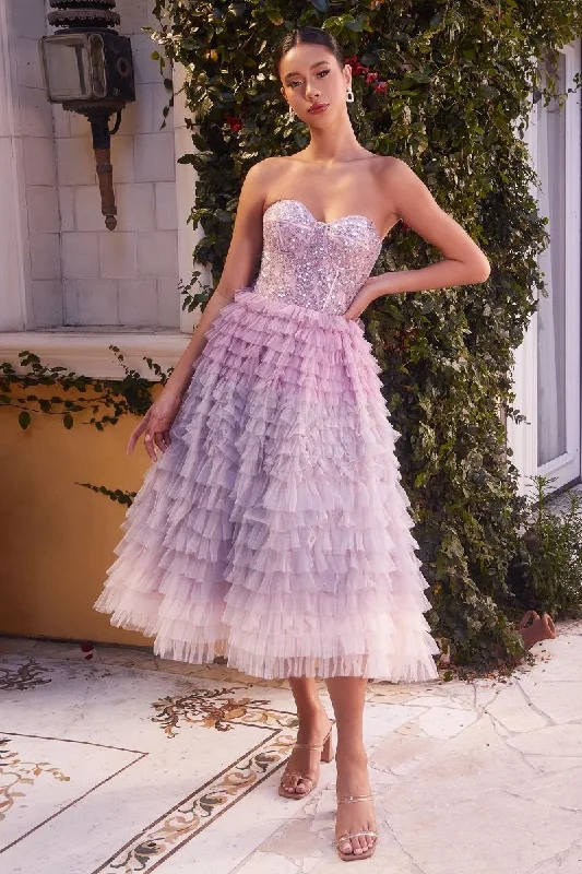 Andrea And Leo -A1309 Ruffled A-Line Evening Tea-Length Dress