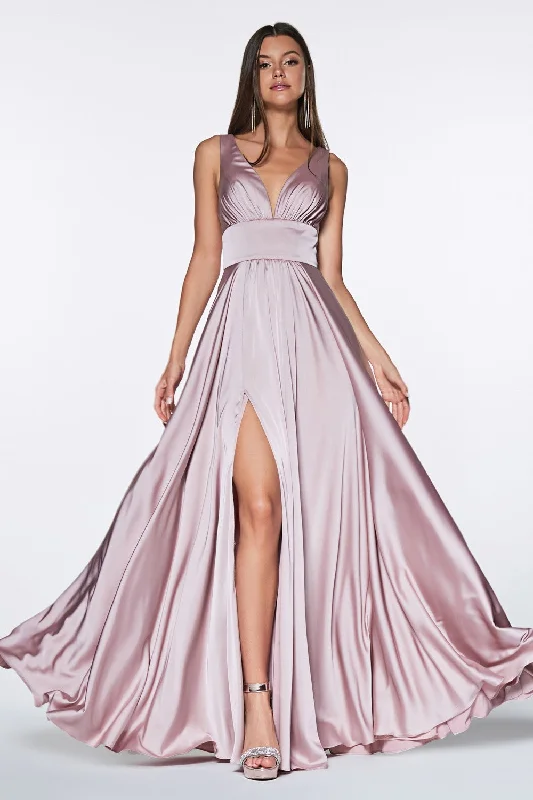 Clearance Sale Satin Flowy A-Line Dress With Leg Slit, Open Back And V-Neckline by Cinderella Divine -7469CL