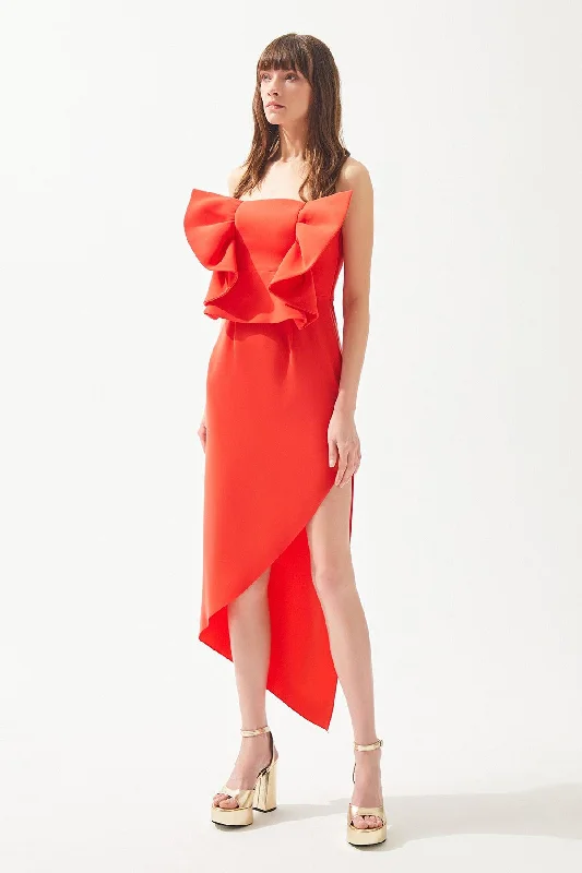 Coral Strapless Bow Detailed Asymmetrical Cut Dress