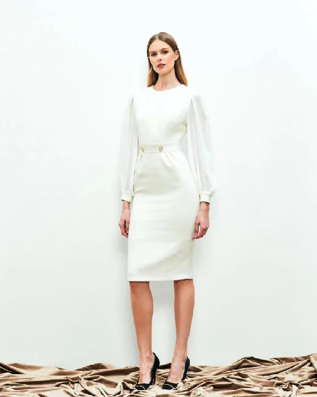 Ecru Dress with Round Neck Stone Detail and Chiffon Sleeves