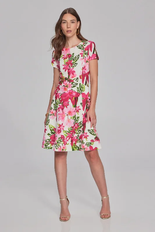 Floral Print Scuba Crepe Fit-And-Flare Dress