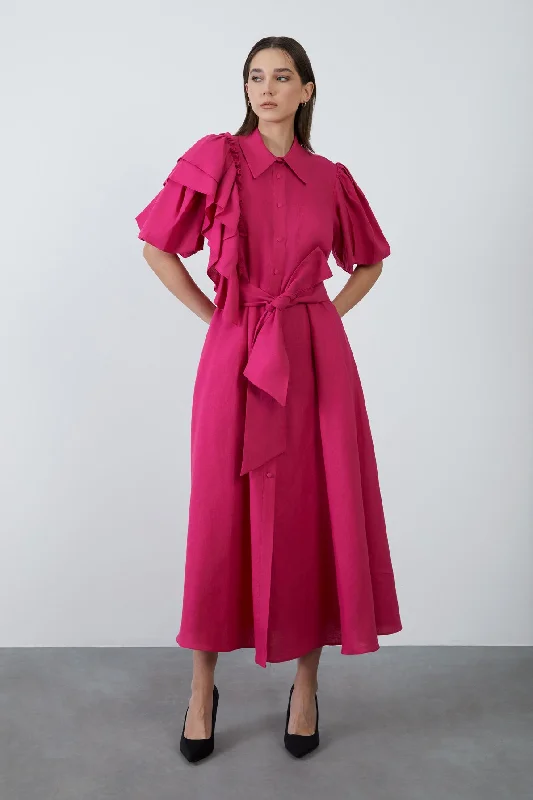 Flounce Detailed Drawstring Sleeve Fuchsia Linen Dress