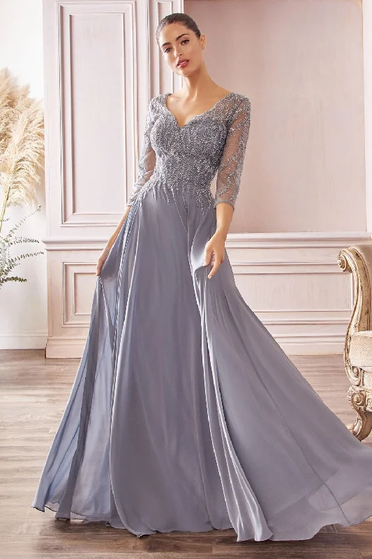 Flowy Chiffon A-Line Gown With Three-Quarter Sleeves And Trickle Embellished Bodice By Cinderella Divine -CD0171