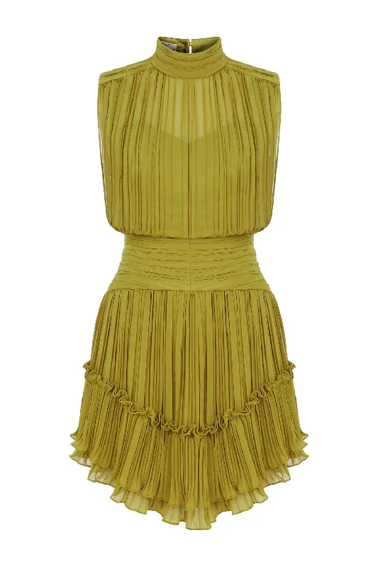 Green New Stella Pleated Dress - Olive Green