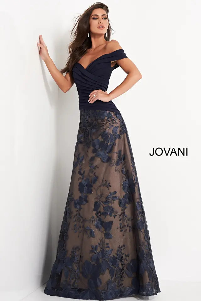 Jovani -02852 Off Shoulder Pleated Bodice Embroidered Gown