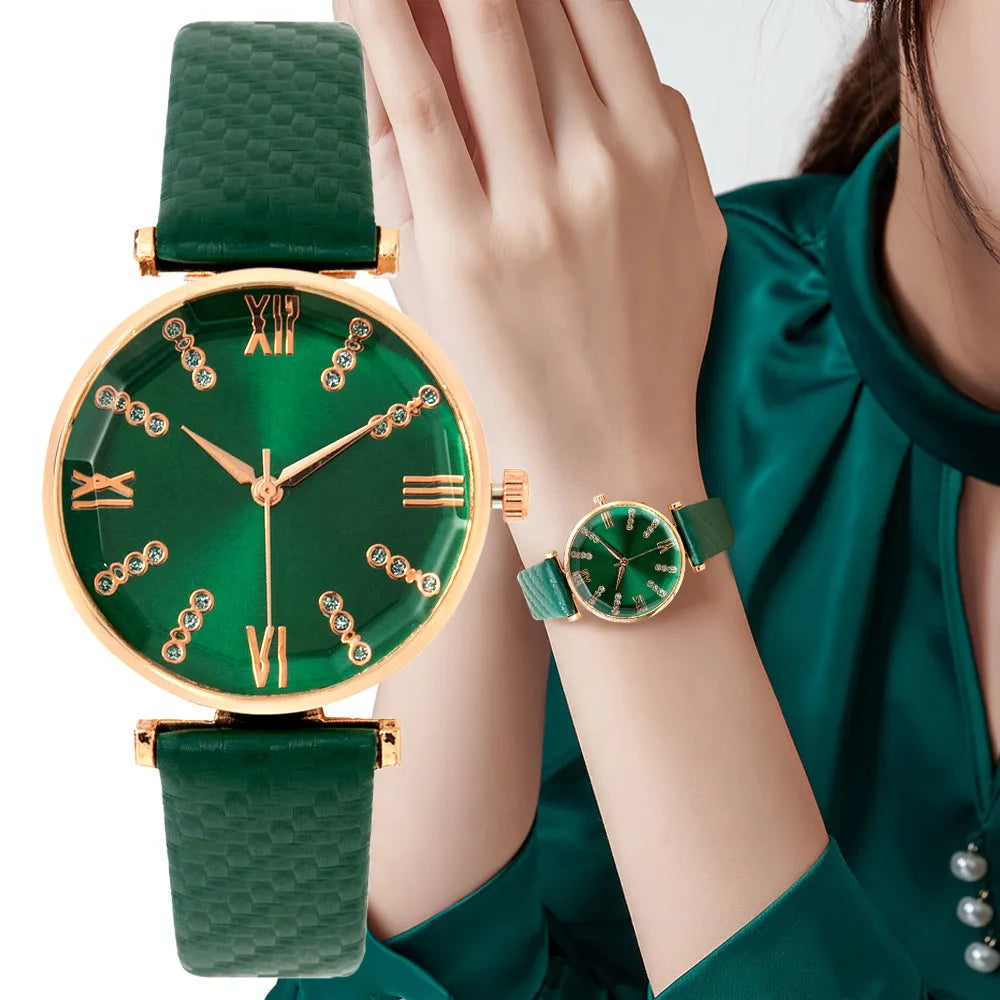 Luxury Ladies Brand Diamond Roman Design Lady Watches Dress Quartz Watch Fashion Green Leather Strap Women Wristwatches