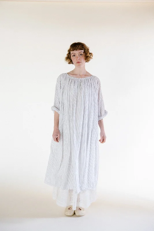 Metta - Elle Gathered Dress - White Stripe Cotton Voile