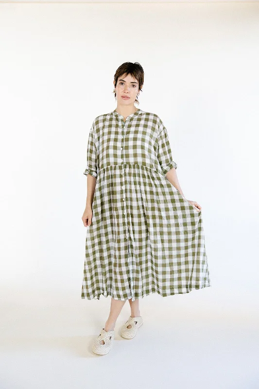 Metta - Oak Gathered Waist Dress - Olive Check  Cotton Voile