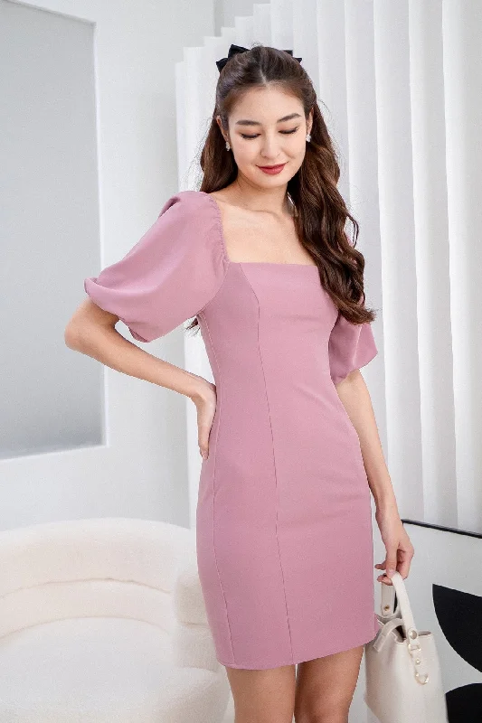 NATTY PUFF SLEEVE WORK DRESS IN ROSE MAUVE