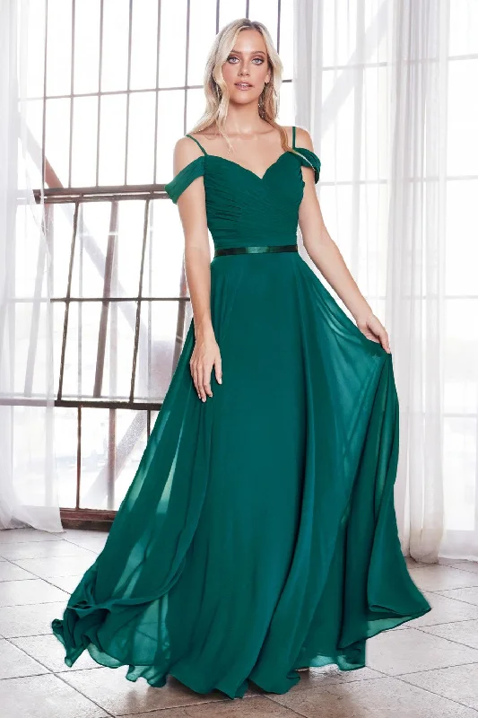 Off The Shoulder Chiffon Gown With Corset Back And Satin Belt by Cinderella Divine -CD0156