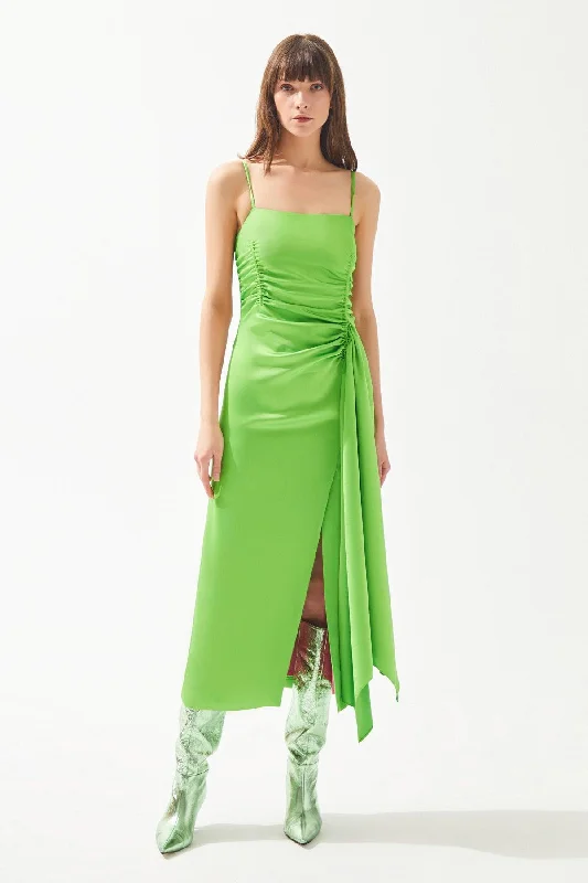 Olive Green Slim Strappy Detailed Slit Mid Length Dress