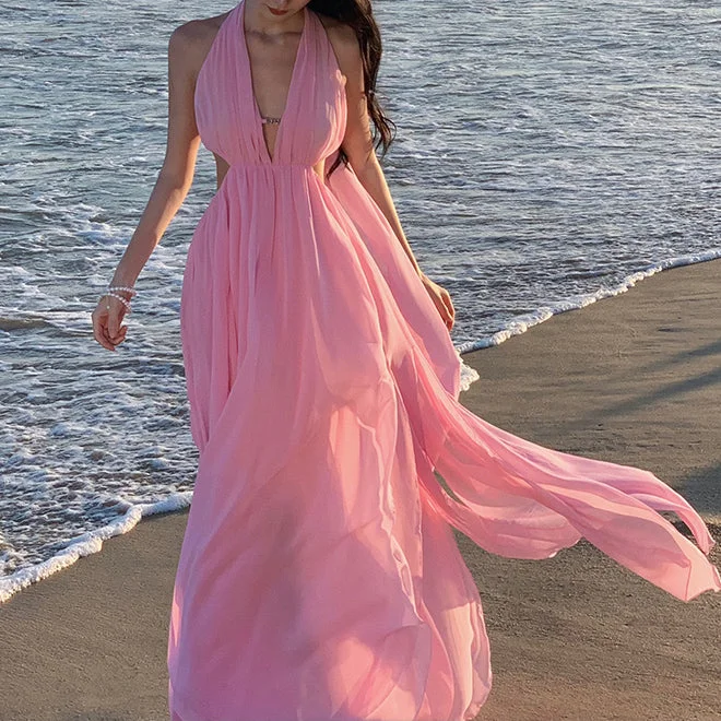 Pink Ribbon Halter Neck Hollow Slit Holiday Dress