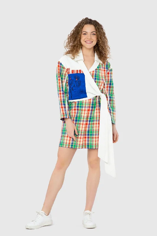 Plaid Linen Dress with Jean Garnish Bright Embroidery Detail