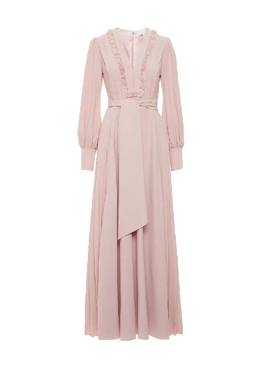 Pleated Pink Dress with Belt Embroidery Detail