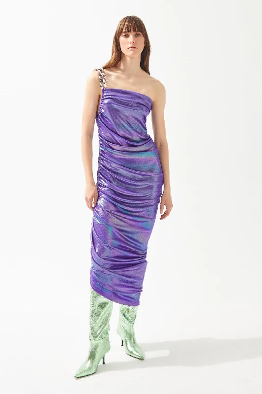 Purple Shiny Asymmetrical Cut Dress with Chain Strap for Single Shoulder