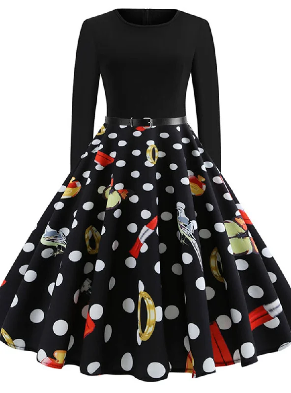 Retro Printed Long Sleeve Round Neck Dress