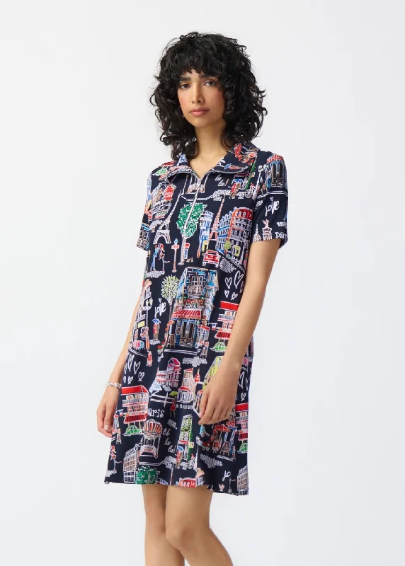 Scenery Print Silky Knit Trapeze Dress