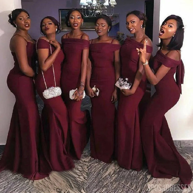 Sexy Mermaid Burgundy Off the Shoulder Spaghetti Straps Cheap Bridesmaid Gown Dresses Online,WG990