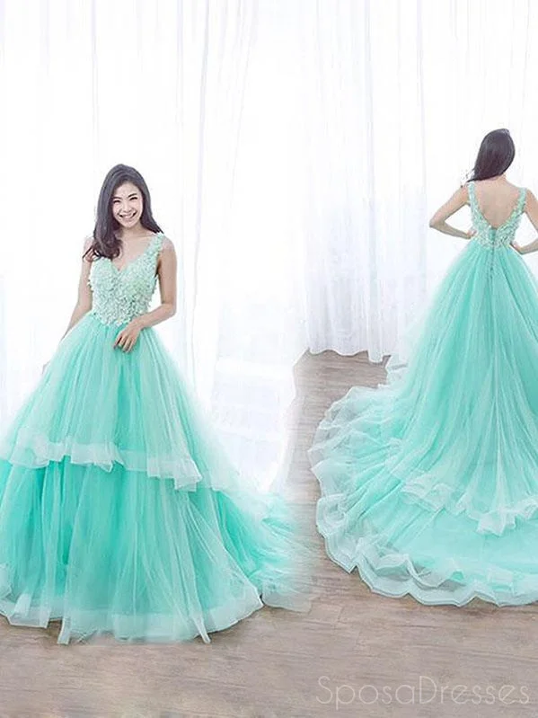 Simple A-line V Neck Applique Prom Dresses, Sweet 16 Prom Dresses, 12508