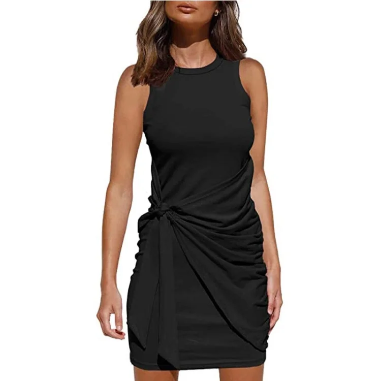 Sleeveless Crew Neck Bow Ties Irregular Dress (Color:Black Size:XXL)