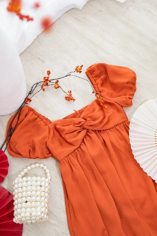 VALENTINA PUFF SLEEVE EMPIRE DRESS IN ORANGE