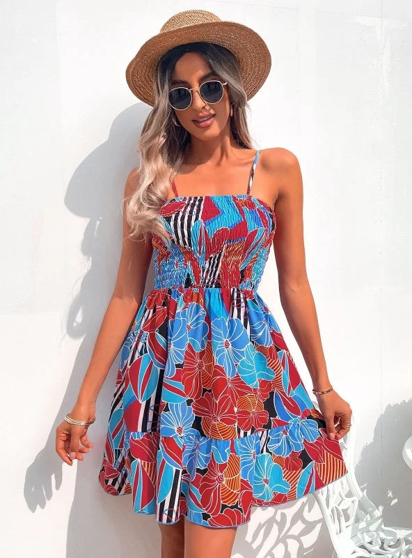 Women Strap Print Pleats Dress