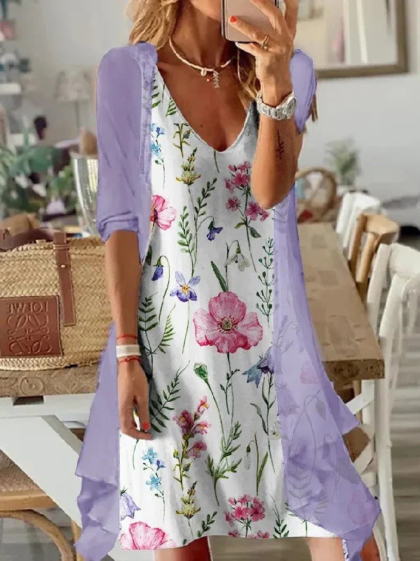 Women's Dresses Floral Print V-Neck Chiffon Two-Piece Dress