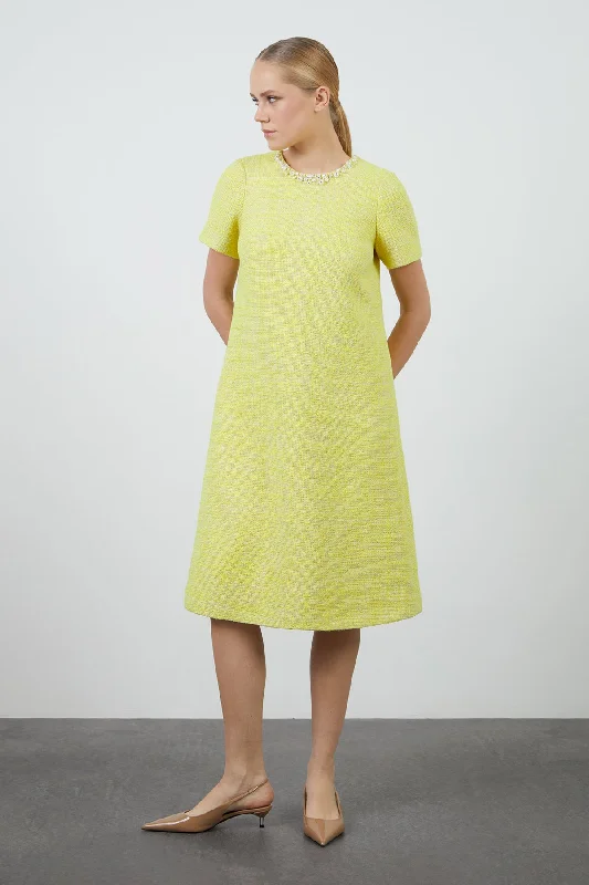 Yellow Tweed Dress with Back Collar Buckle Detail